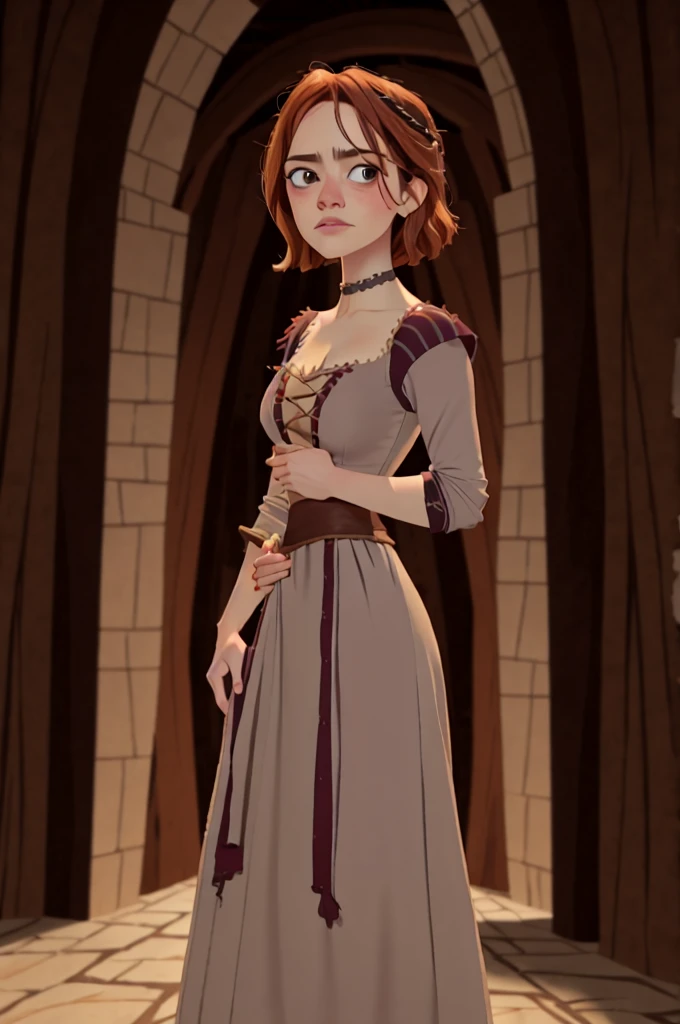 full body portrait of (aventura emaranhada:1) Emma Stone wearing a black long medieval dress