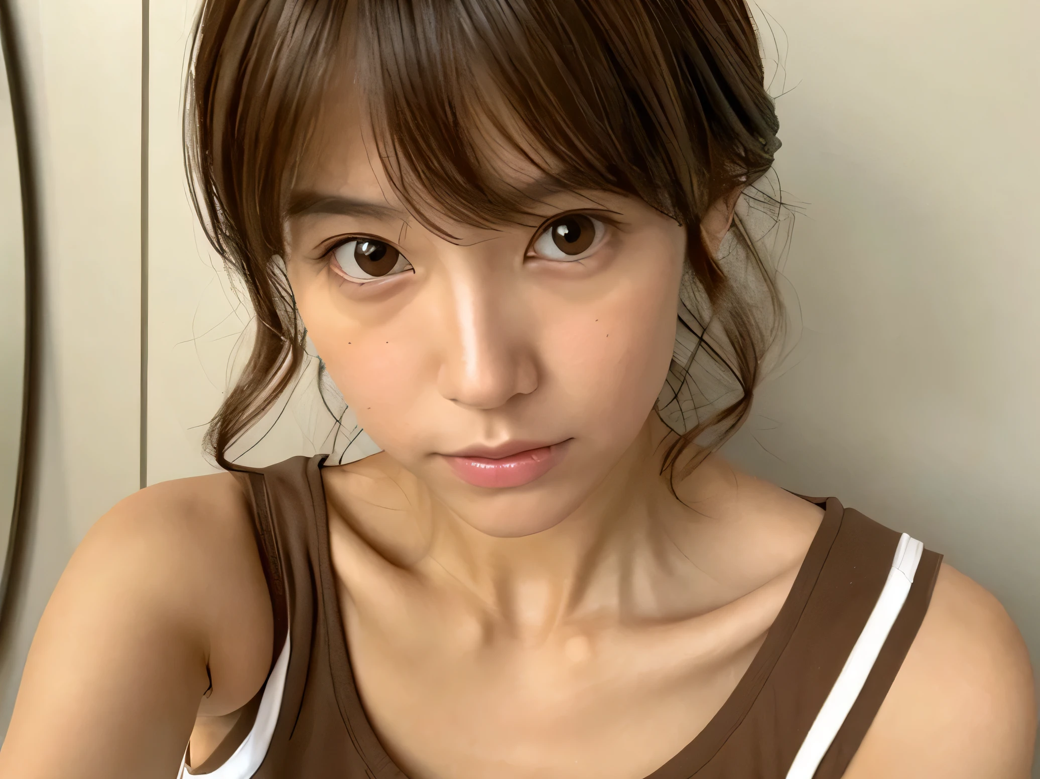 Look into the eyes,　Eye contact,　Front of face,　Front face,　face,　head,　Cross-legged,　indoor,　Brown Hair,　bangs,　Light clothing,　Tank top,　Sweat,　Sweaty,　Sweaty,　clavicle,　Cross-legged,　Light from below,　Chest