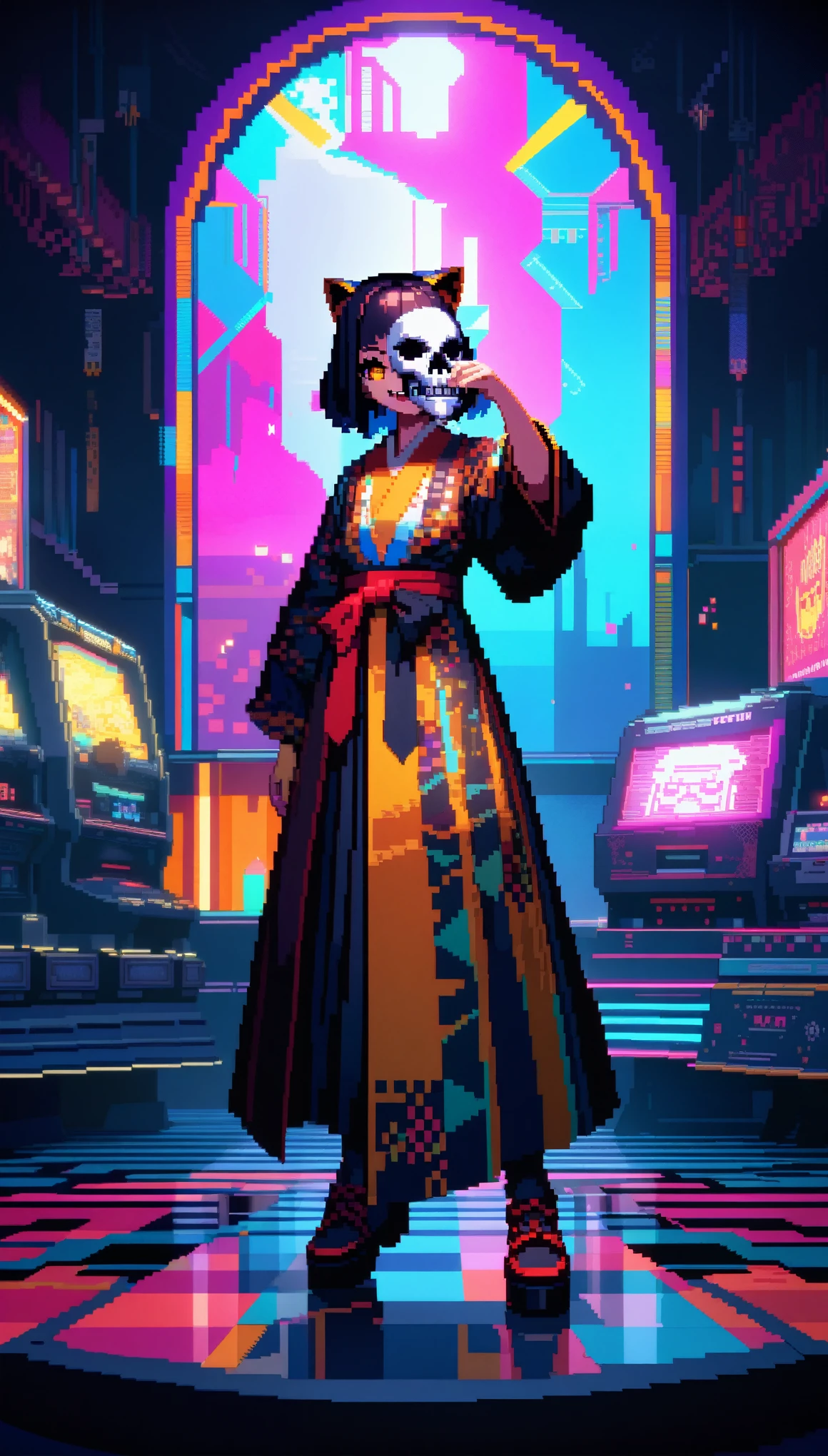 32k, best quality, ultra high res, HDR, UHD, extremely detailed CG, unity 32k wallpaper, In a retro 3D pixel art style, the cute robot cat with big claws and large guns is depicted with blocky, pixelated shapes and limited color palettes, reminiscent of classic video game graphics. The design evokes a nostalgic feel, with simple yet charming character designs and environments. The background is a pixelated, retro-futuristic landscape with geometric shapes and bright colors, reminiscent of vintage arcade games. This high-quality, high-resolution artwork, ideal for 16k wallpaper and 32k HD HDR, captures the nostalgic appeal of retro 3D pixel art, enhanced by Unreal Engine for smooth animations and vibrant retro visuals.a colorful Japanese animation style of a woman with short hair holding a half-removed skull mask in her hand. The skull mask is golden and designed to cover the upper half of her face. She is dressed in a kimono with cyberpunk elements integrated into the design. Her right hand is near her mouth, with two rings attached to chains on her fingers. She has a mischievous smile, revealing fangs. The background features a stained glass pattern with traditional Japanese motifs.
