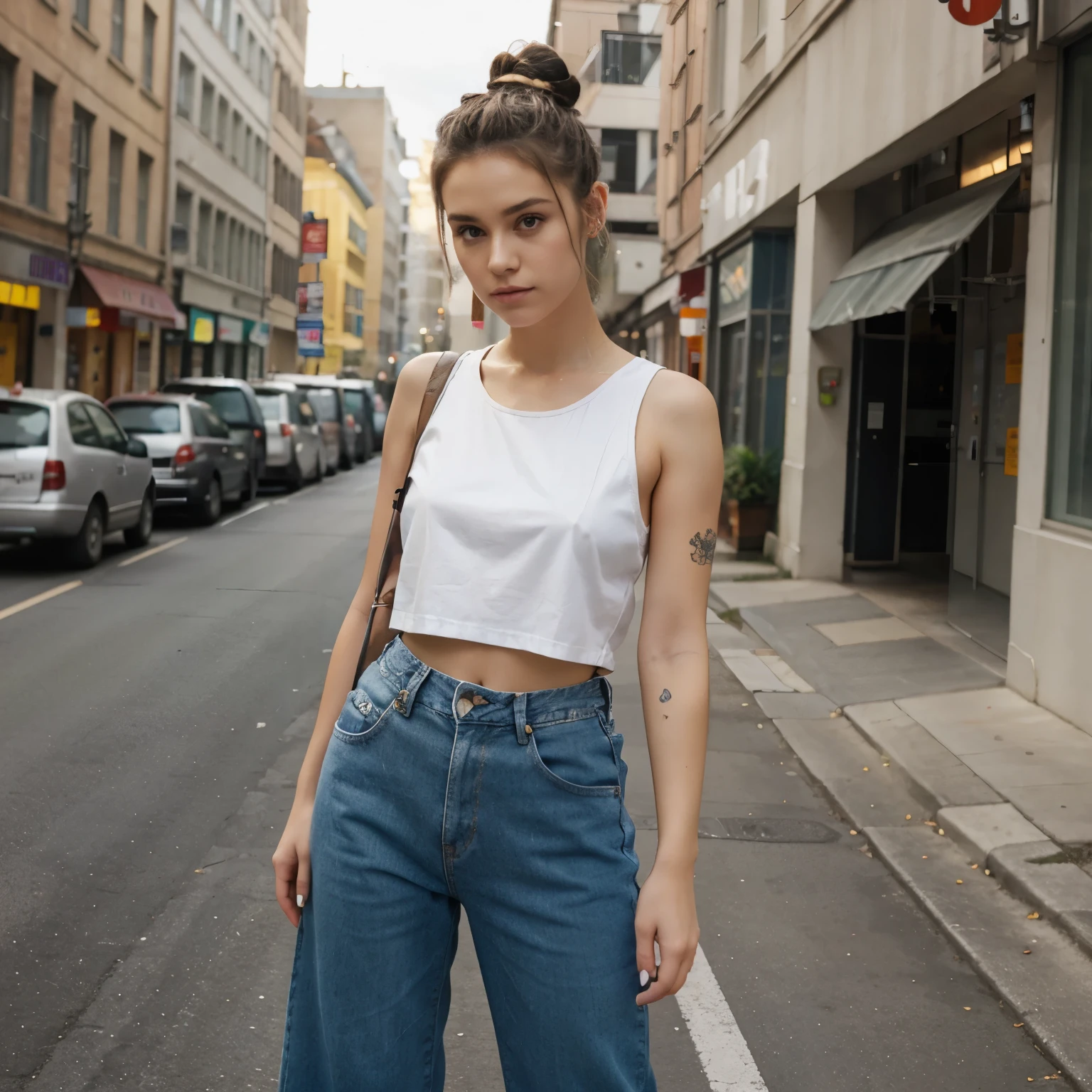 Spike bun hairstyle,Y2k Outfit,Baggy Jeans,Without Makeup