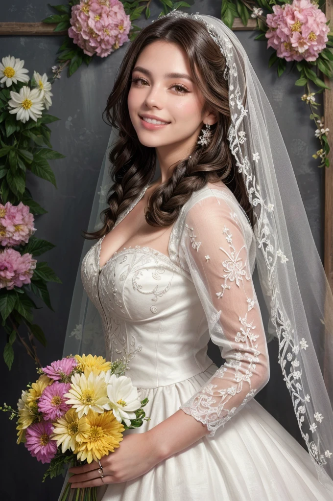 Hermosa novia con velo, maquillaje brillante, leve sonrisa, cabello rubio y grueso, trenzas recortadas, against the backdrop of wonderful flowers