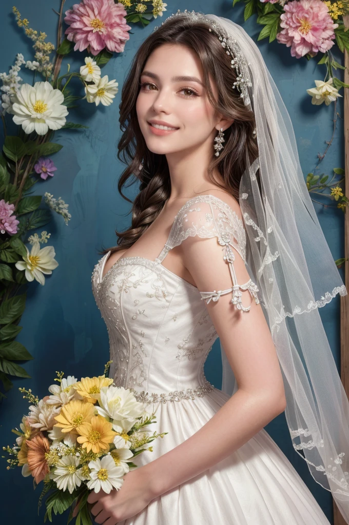 Hermosa novia con velo, maquillaje brillante, leve sonrisa, cabello rubio y grueso, trenzas recortadas, against the backdrop of wonderful flowers