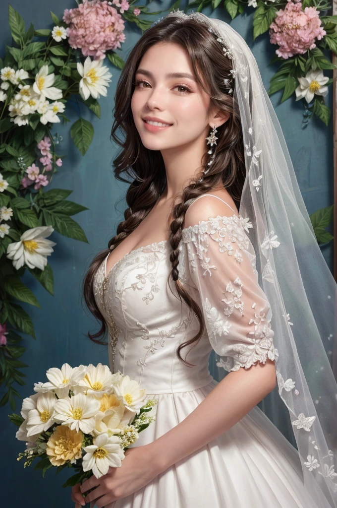 Hermosa novia con velo, maquillaje brillante, leve sonrisa, cabello rubio y grueso, trenzas recortadas, against the backdrop of wonderful flowers