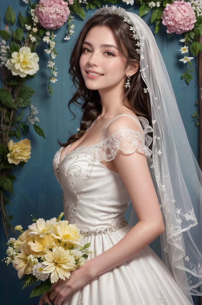 Hermosa novia con velo, maquillaje brillante, leve sonrisa, cabello rubio y grueso, trenzas recortadas, against the backdrop of wonderful flowers