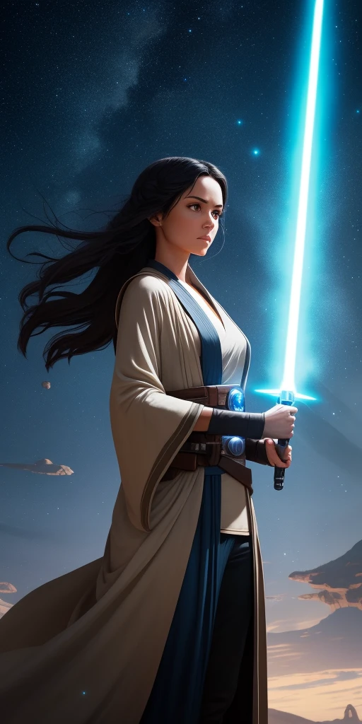 (8K, high resolution, cinematic), Bring to life a captivating digital portrait of a stunning 27-year-old woman with flowing black hair, dressed in a meticulously crafted Star Wars-themed Jedi outfit. The woman should emanate an air of grace and strength, embodying the spirit of a Jedi warrior. Her eyes should exude a sense of determination and wisdom, reflecting the trials she has faced. The Jedi outfit should be intricately designed, featuring earthy tones and flowing robes that flutter in an imaginary breeze, evoking a sense of both elegance and practicality. The woman's posture should exude confidence, with one hand resting on a lightsaber hanging from her belt, hinting at her skill in combat. Let the background complement the Jedi's aura, whether it be a serene natural landscape or a scene depicting a distant star system. The artwork should capture the essence of this remarkable woman, inviting viewers to imagine her story and the adventures she embarks upon in a galaxy far, far away