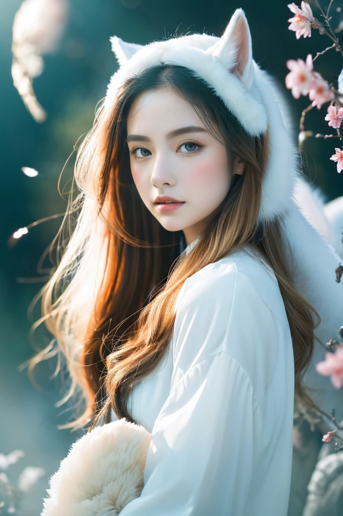 ( masterpiece, top quality, best quality,8k,17 years old girl,ultra detailed,raw photo:1.5),(photorealistic:1.4),(cinematic lighting), PerfectNwsjMajic, , Surrealism, UHD, ccurate, Super detail, textured skin, High detail, Best quality, dynamic angle, (high nose,White skin),[Beautiful blue eyes],[flat chest:large breasts:0.5],(1girl),(good anatomy:0.5)), Nine snow-white fox tails (1.0), Milky white fox tail (1.0), Close-up of nine-tailed fox, Nine tails, Nine tails，There are flowers on the hair, Very beautiful fox girl, Beautiful anime fox girl, Beautiful fantasy, guweiz, girl with fox ears, Very beautiful and charming fox girl, flower rain, The background  blurred, Artistic interpretation,a whimsical illustration, Subtle colors and tones, mystical aura, vixen , long hair