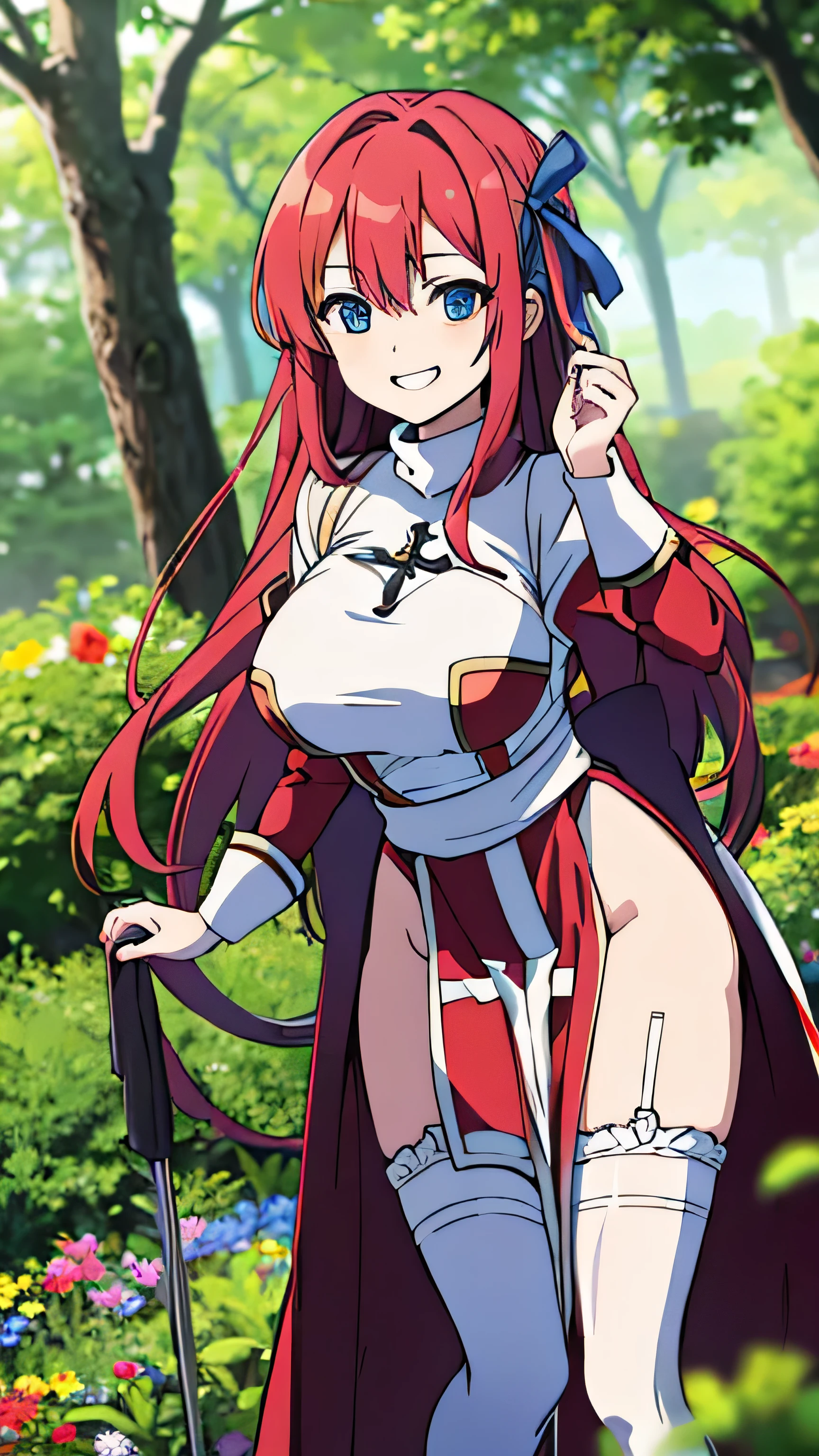 masterpiece, best quality, asuna ichinose, blue eyes, very long red hair, hair ribbon, solo, 1 girl, flower garden, outdoors, standing, cross, bow, grin, floating hair, looking at viewer, massive breasts, big breasts, clock tower, front view, leaning forward, full body, cowboy shot, sunset,
