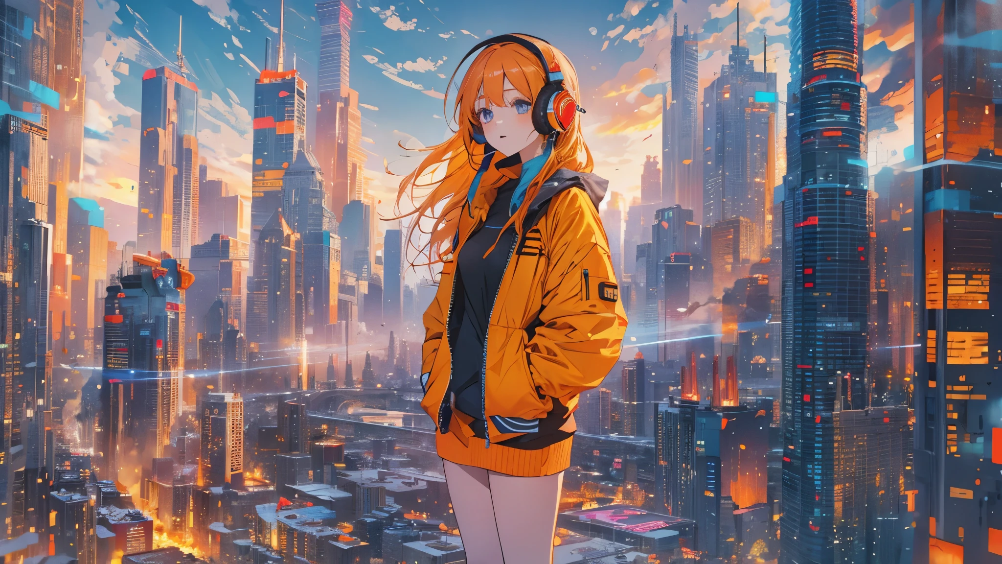 high resolution、One Girl、Wearing headphones、Vibrant colors、Vivid Color、Warm shades、Full body images、Futuristic City、Orange long hair、