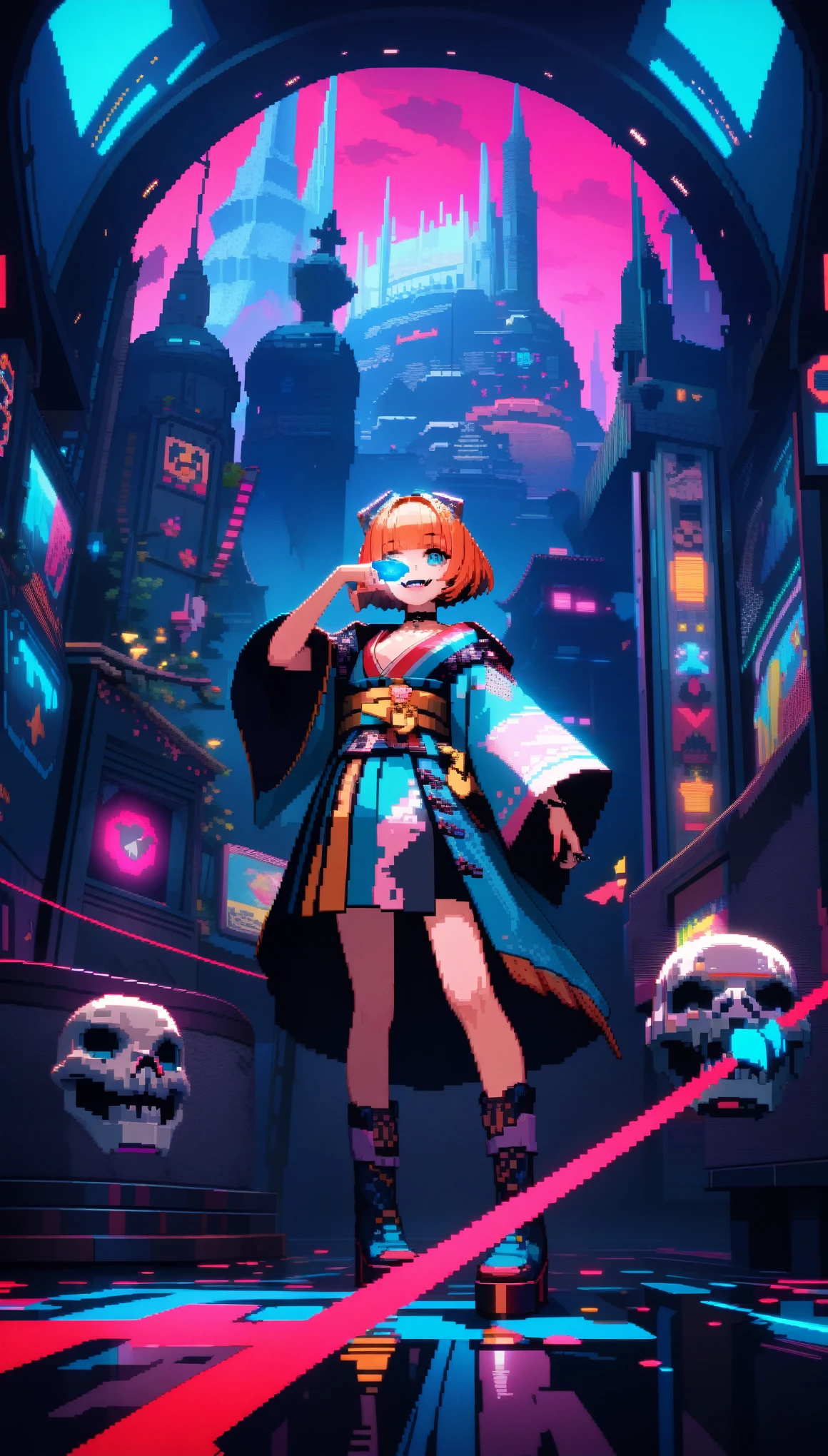 32k, best quality, ultra high res, HDR, UHD, extremely detailed CG, unity 32k wallpaper, In a retro 3D pixel art style, the cute robot cat with big claws and large guns is depicted with blocky, pixelated shapes and limited color palettes, reminiscent of classic video game graphics. The design evokes a nostalgic feel, with simple yet charming character designs and environments. The background is a pixelated, retro-futuristic landscape with geometric shapes and bright colors, reminiscent of vintage arcade games. This high-quality, high-resolution artwork, ideal for 16k wallpaper and 32k HD HDR, captures the nostalgic appeal of retro 3D pixel art, enhanced by Unreal Engine for smooth animations and vibrant retro visuals.a colorful Japanese animation style of a woman with short hair holding a half-removed skull mask in her hand. The skull mask is golden and designed to cover the upper half of her face. She is dressed in a kimono with cyberpunk elements integrated into the design. Her right hand is near her mouth, with two rings attached to chains on her fingers. She has a mischievous smile, revealing fangs. The background features a stained glass pattern with traditional Japanese motifs.
