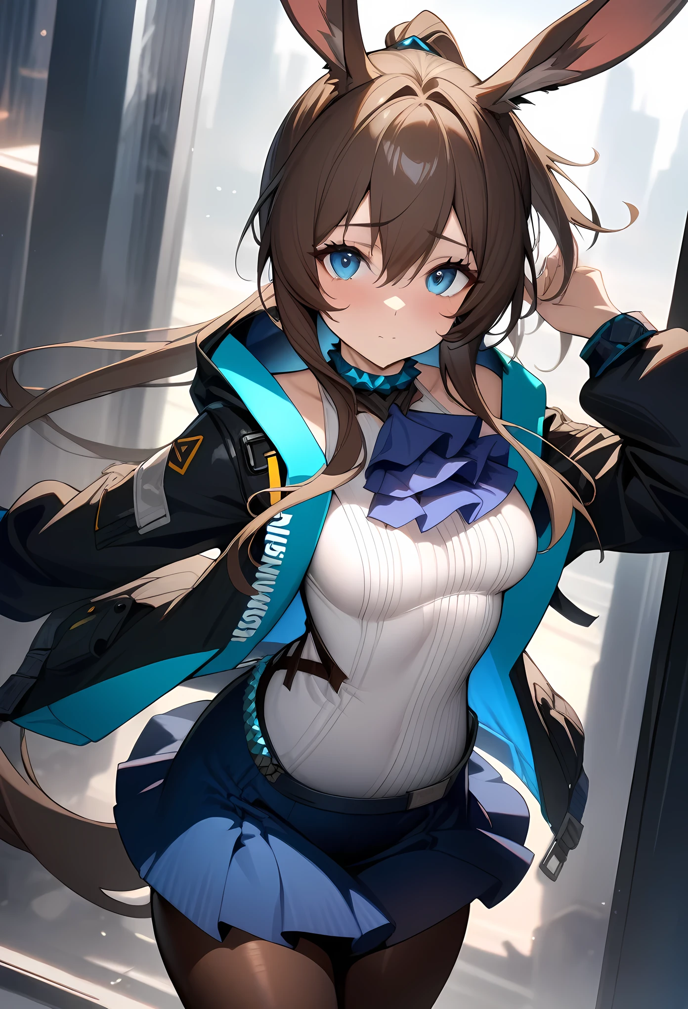 NSFW,1 girl,Amiya \(arknights\),arknights,cinematic angle,shortening,dark,highest quality,超High resolution,masterpiece,High resolution,8K,UHD,detailed lighting,animal ears,The most beautiful brown hair in the world,Bunny ears,long hair,ponytail,bangs,big beautiful blue eyes that shine,hair between eyes,jewelry,Ascot,ブルーAscot,black jacket,open jacket,hood,hooded jacket,long sleeve,tights,黒tights,open clothes,Multiple rings,thumb ring,shirt,白のshirt,blush, ultimate beautiful girl,very beautiful face,Extraordinary cute,White and beautiful shiny skin,brain out,Ultra Big,sensual,thick thighs,big ass,looking at the viewer,City of night,naked,dynamic composition,whole body