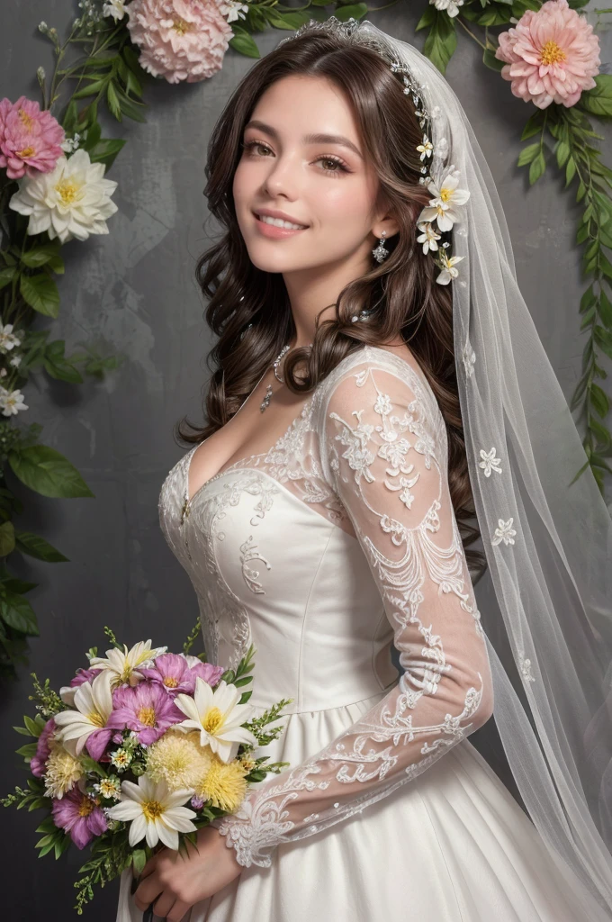 Hermosa novia con velo, maquillaje brillante, leve sonrisa, cabello rubio y grueso, trenzas recortadas, against the backdrop of wonderful flowers