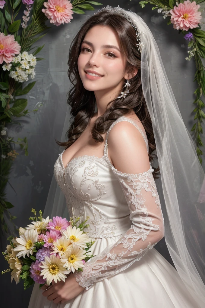 Hermosa novia con velo, maquillaje brillante, leve sonrisa, cabello rubio y grueso, trenzas recortadas, against the backdrop of wonderful flowers