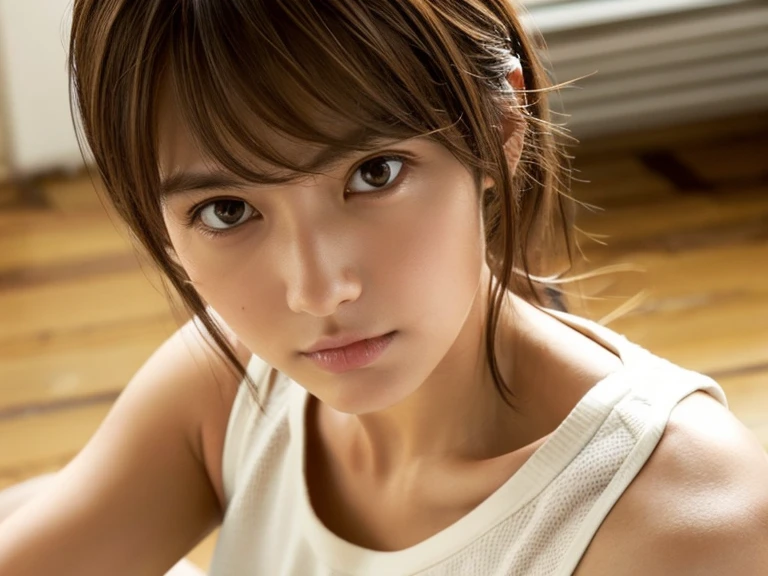 Look into the eyes,　Eye contact,　Front of face,　Front face,　face,　head,　Cross-legged,　indoor,　Brown Hair,　bangs,　Light clothing,　Tank top,　Sweat,　Sweatだく,　Sweatばみ,　clavicle,　Cross-legged,　Light from below,　Chest