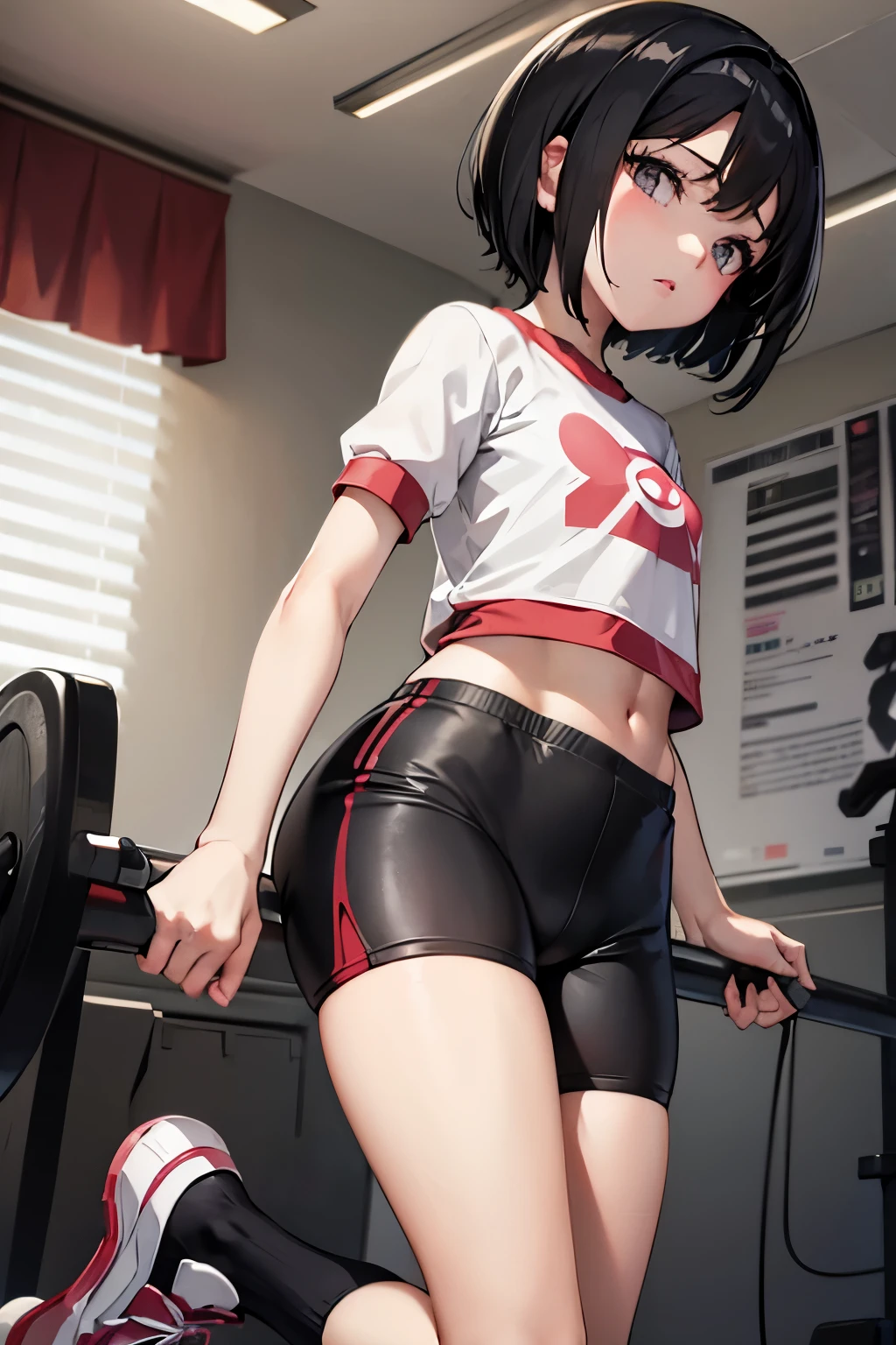 Erica、Pokémon、Black Hair、Short Hair、((Bike Pants))、Photo from below、Medium chest、Bedroom、One girl、Red ribbon on head、((Gym clothes with short sleeves))、(Black thigh-high socks)、