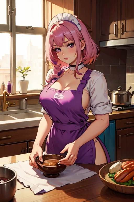 A pink haired woman with violet eyes with an hourglass figure in an apron is laying on her stomach on the kitchen
