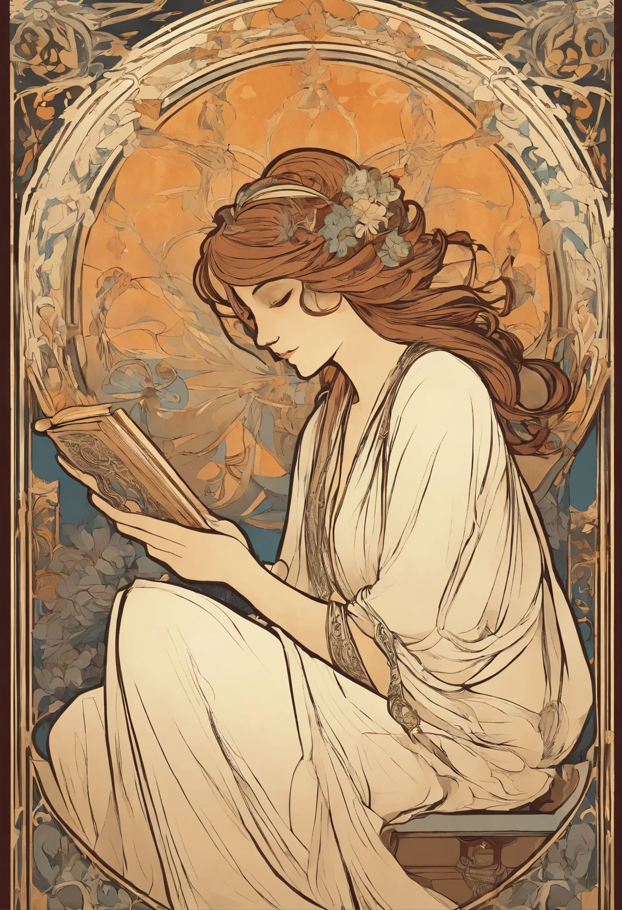 8k.Poster illustration in the style of Alphonse Mucha,  woman reading in library, Alfonse Mucha, Detalles altos