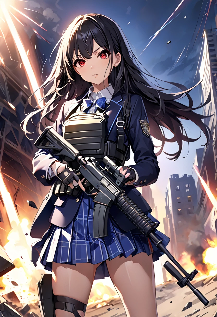 masterpiece、highest quality、Ultra-high resolution、Maximum resolution、Very detailed、Professional Lighting、anime、woman、thin、so beautiful、high school girl、blazer、Has an assault rifle、Red Eye、Black Hair、long hair、Fingerless gloves、Equipped with a plate carrier、Standing alone on the battlefield、Aim and shoot with the Assault Rifle