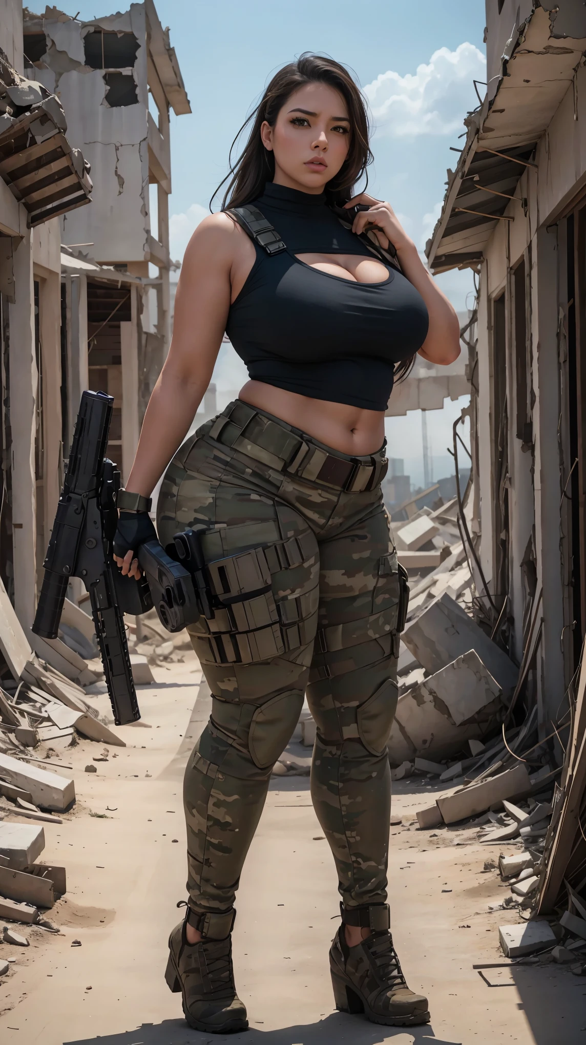 Women military in ruins ,curvy body, thick high, Loong legs, wide hips, full body bring gun, hot clothes ,angry face, pawg