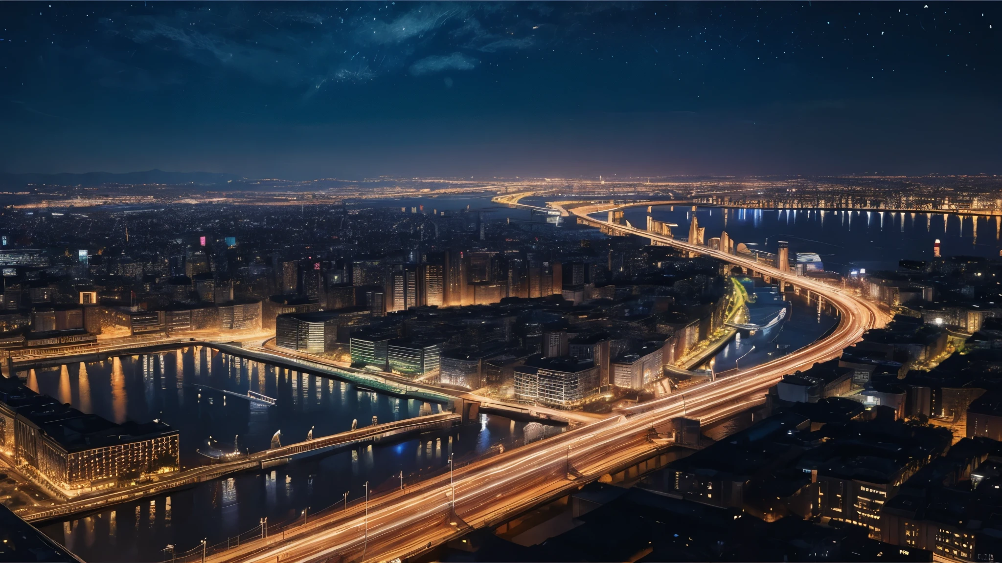 (masterpiece, best quality), best resolution, watercolor painting of city at night, extreme wide shot