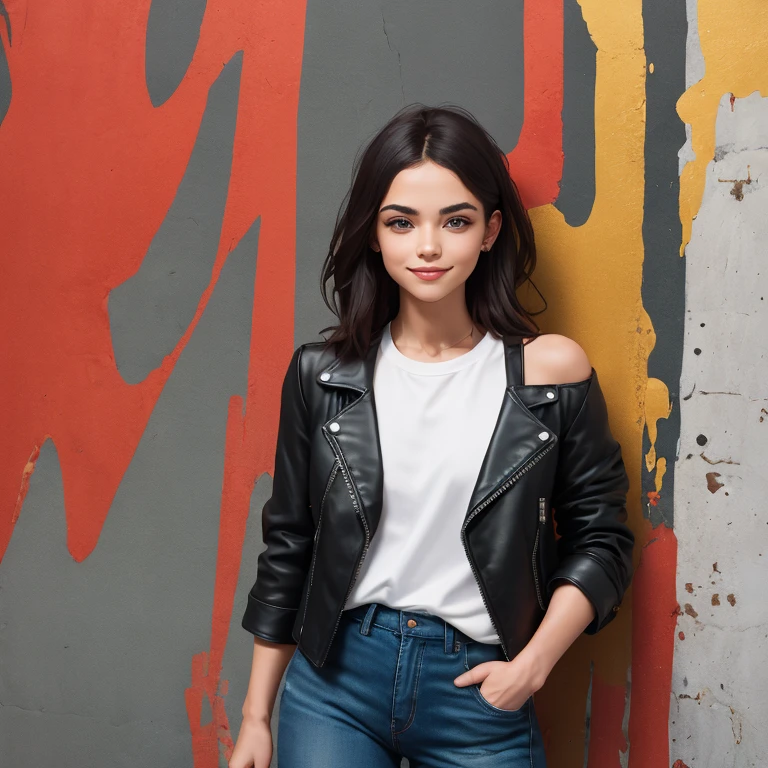 natural photography of a handsome terminator girl, shoulder length hair, sweet smile, white t-shirt with the name Neuro I wearing a black leather jacket, maroon t-shirt, black jeans. The wall background has a big name signature that says, neuro images,with a touch of gold/red thin lines on the wall, black/red, hyper clear photo, detailed, intricate, high resolution, 32K