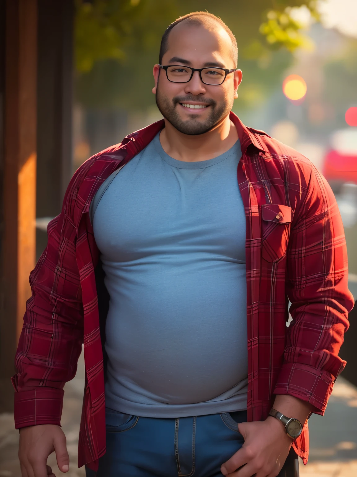 An award-winning original photo, a handsome 38-year-old man, crew cut, full body, mature man, [slightly fat], asian, glasses, slight balding, 1boy, Solo, (big shoulder), musculature, stubbles, Short beard, wearing glasses, smiles, Dynamic Angle, volumetric lighting, (Best quality, A high resolution, Photorealistic), Cinematic lighting, Masterpiece, RAW photo, Intricate details, hdr, depth of field, landscape, (wearing red plaid shirt outside), (grey T-shirt inside),