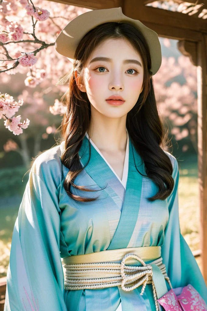( masterpiece, top quality, best quality,8k,years old girl,ultra detailed,raw photo:1.5),(photorealistic:1.4), (cinematic lighting), PerfectNwsjMajic, , Surrealism, UHD, ccurate, Super detail, textured skin, High detail, Best quality, dynamic angle, White skin,[Beautiful blue eyes], high nose,(1girl),(good anatomy:0.5)), Dreamy atmosphere,expressive brush strokes, mystical ambiance, Artistic interpretation, a whimsical illustration, Subtle colors and tones, mystical aura, Woman wearing traditional Korean costume,(hanbok:1.3), Joseon dynasty, jeogori,chima,and the po,portrait,(hairstyle1.5), flower,warm sun,face, tender ,shiny skin