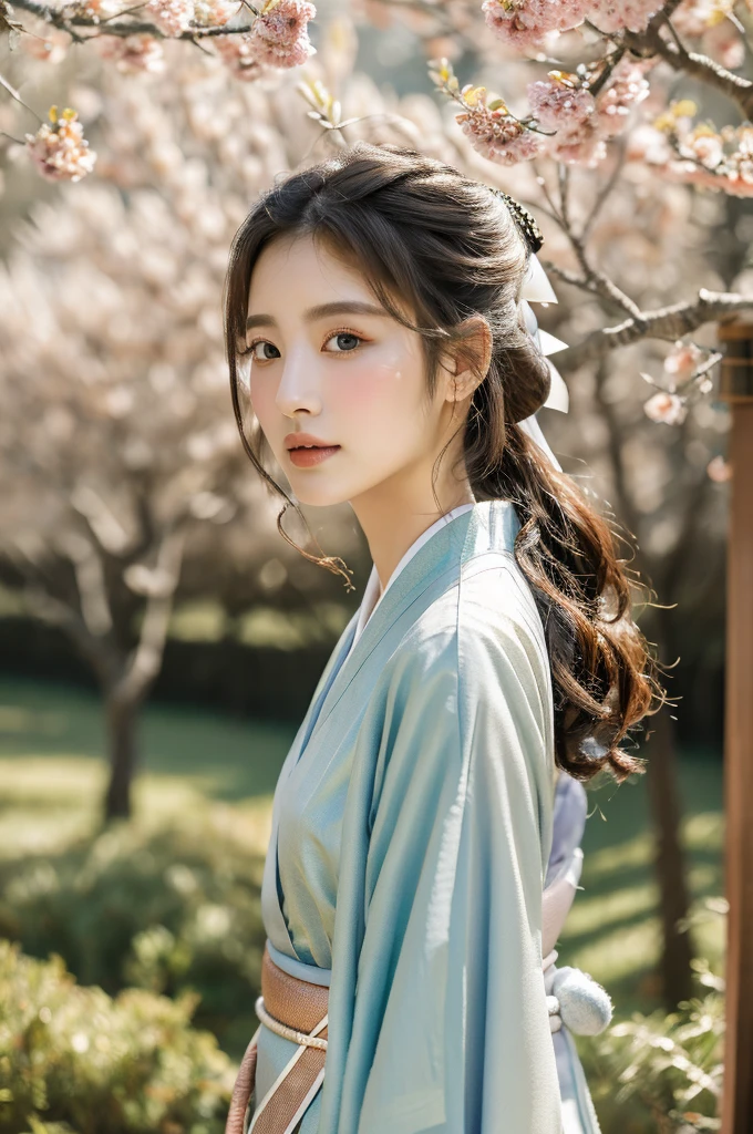 ( masterpiece, top quality, best quality,8k,years old girl,ultra detailed,raw photo:1.5),(photorealistic:1.4), (cinematic lighting), PerfectNwsjMajic, , Surrealism, UHD, ccurate, Super detail, textured skin, High detail, Best quality, dynamic angle, White skin,[Beautiful blue eyes], high nose,(1girl),(good anatomy:0.5)), Dreamy atmosphere,expressive brush strokes, mystical ambiance, Artistic interpretation, a whimsical illustration, Subtle colors and tones, mystical aura, Woman wearing traditional Korean costume,(hanbok:1.3), Joseon dynasty, jeogori,chima,and the po,portrait,(hairstyle1.5), flower,warm sun,face, tender ,shiny skin