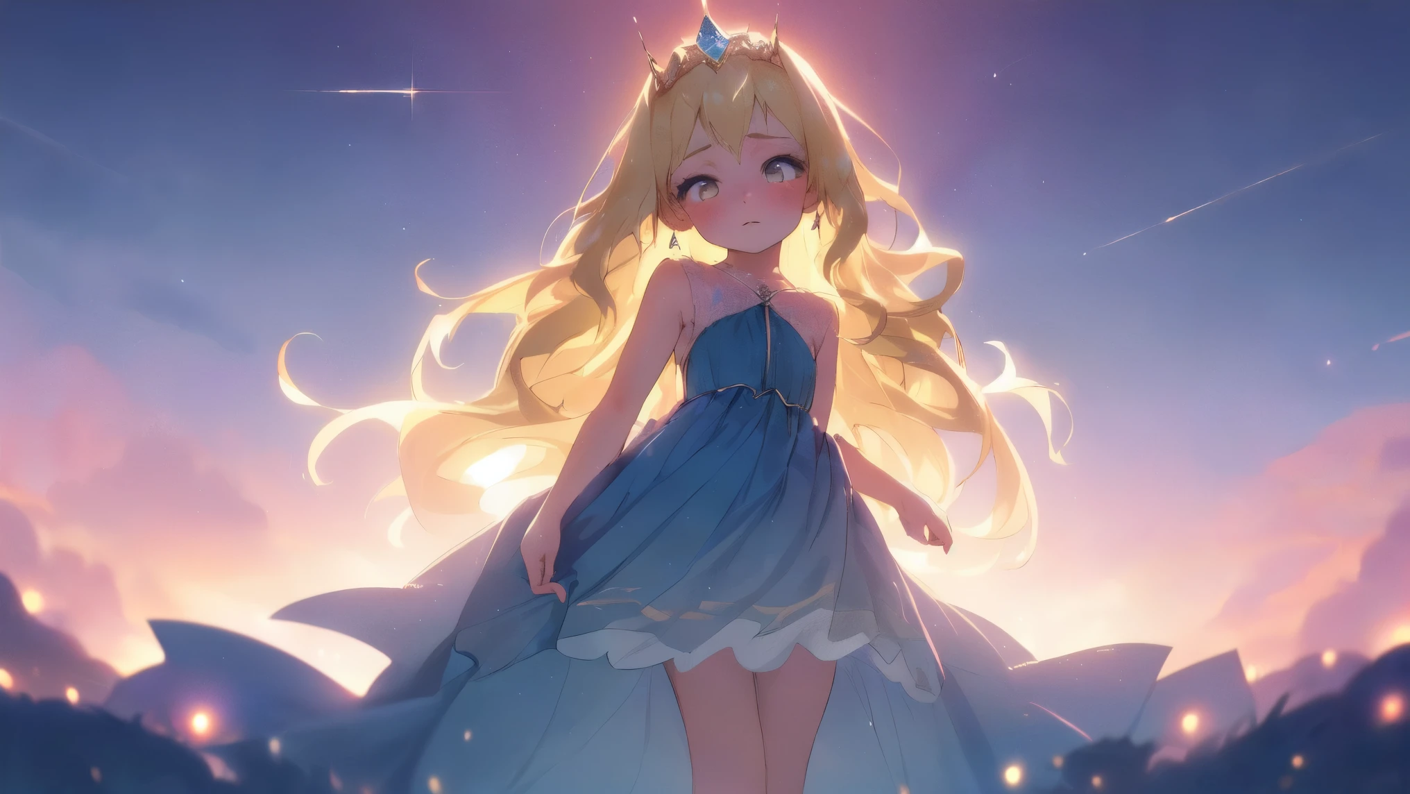 A (((dreamlike fantasy scene))), where a (((small girl with long, flowing blonde hair))), dressed in a (((light blue and dark blue dress))), with delicate details like pink cheeks and eyeliner, is posed under a (twilight sky) with soft pink accessories emanating a ethereal glow around her, as if crowned by a (shimmering tiara).
