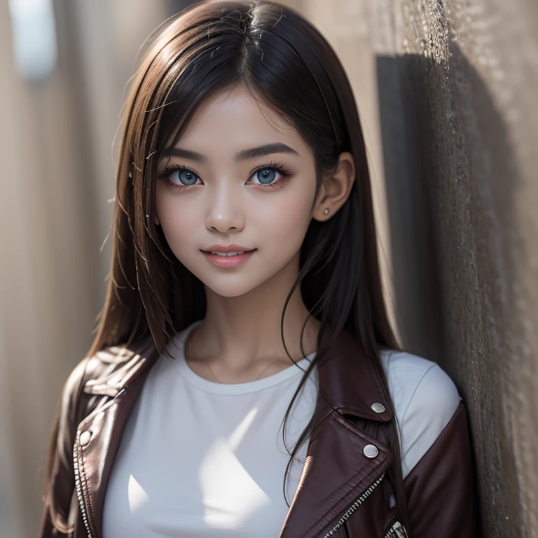 natural photography of a handsome terminator girl, shoulder length hair, sweet smile, white t-shirt with the name Neuro I wearing a black leather jacket, maroon t-shirt, black jeans. The wall background has a big name signature that says, neuro images,with a touch of gold/red thin lines on the wall, black/red, hyper clear photo, detailed, intricate, high resolution, 32K