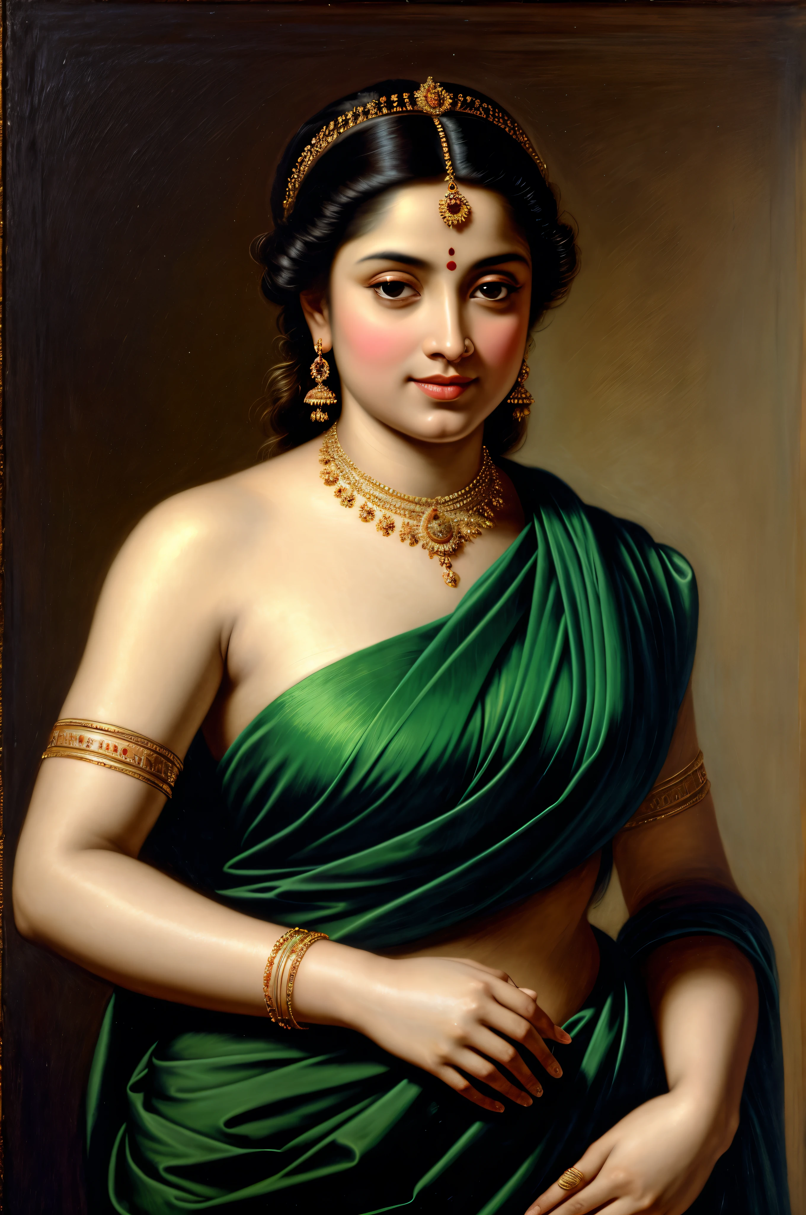 Beautiful Indian Woman, wearing saree, sari Beauty, gorgeous, Apsara, Maharani, royal queen woman, nymph from Hindu Mythology, Urvashi, matchless beauty, Highly detailed, Oil Painting by Peter Paul Rubens inspired by Raja Ravi Varma, Matchless beauty, captivating, gorgeous, heavenly beauty, celestial beauty, by Peter Paul Rubens, 13, realistic, hyper realistic, micro details, incredible artwork, insane details, ultra High resolution, 8k, 32k, acrylic on canvas, intricate, flawless, detailed, detailed face, detailed eyes, masterpiece, by Peter Paul Rubens, by Caravaggio, by William Adolphe bouguereau, perfect face, perfect body, beautiful art, realism, baroque, renaissance Art, highly textured, beautiful and detailed eyes, uhd, best quality,