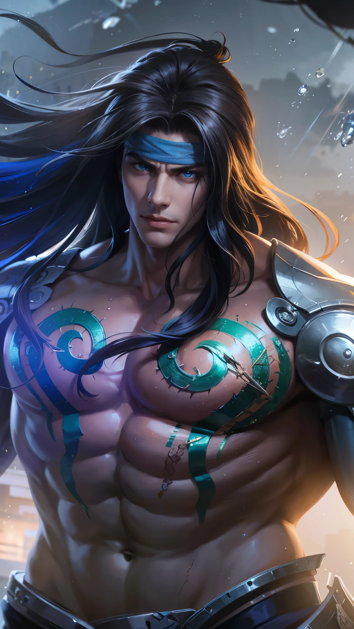 a male with blue headband fabric, Best quality, masterpiece, detailed skin texture, detailed clothes texture, detailed face, super detailed, 8k, intricate detail, The color doesn't change, Muscle guy, 1 male, angry, sharp eyes, blue eyes, rain background.