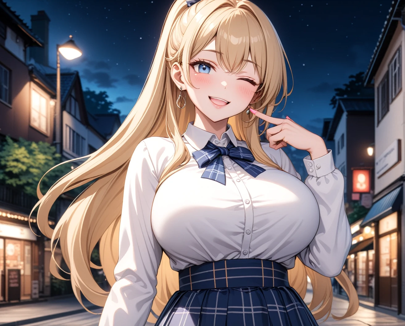 ((One girl)), Beautiful smile,(Wink:2.0),Blushing,Close your mouth,Glossy Lips,Abstract, Illustration style,Night Park, masterpiece, highest quality, so beautiful, Absurd, up to date, Complex details, Pink long nails,AI-generated, Complex,High resolution, highest quality, super high quality,3D Images、View the viewers、3D Images,one person,Long Blonde Hair,High Ponytail,blue eyes,Anime girl posing for photo, [[Fine grain、Colorful eyes、Shining Eyes:1.15]],(Squint your eyes:1.1),a hyperRealistic , hyperRealistic , Realistic , blonde anime girl with long hair, Smooth anime CG art, Beautiful anime school girl,White long sleeve blouse,Blue checked skirt,Big blue chest ribbon, Earrings,(Large Breasts:1.3),Mature Body,tall,Fine details,Abdominal muscles,(Peace sign next to the eye),Tilt your face,Exposed bust