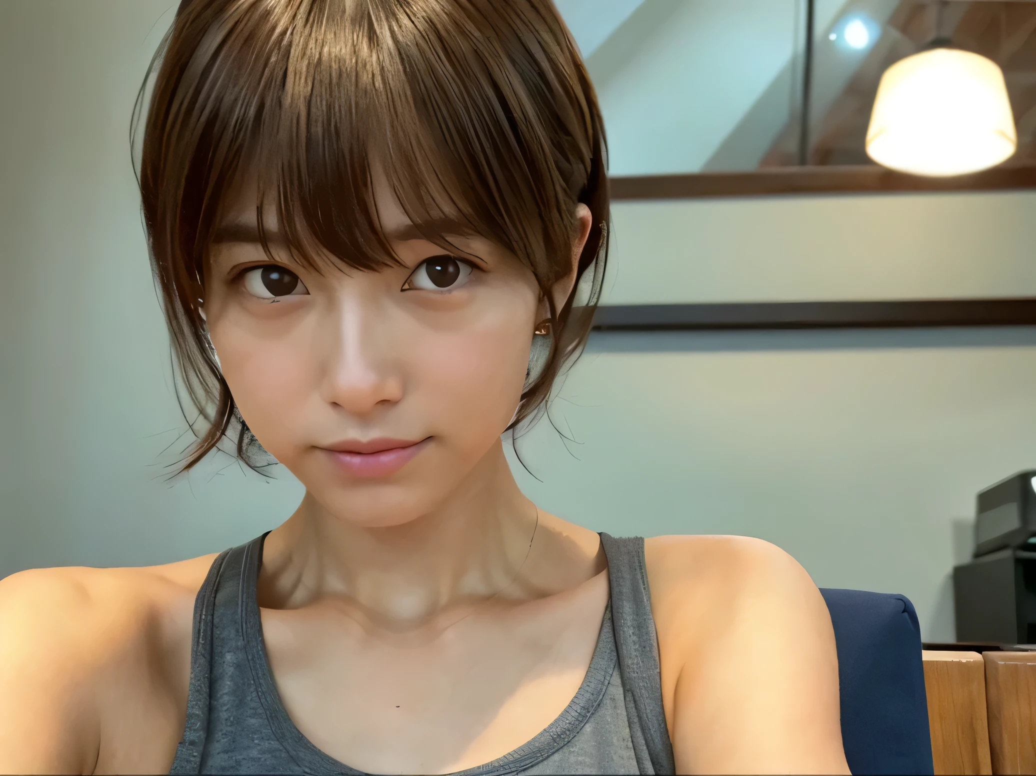 Look into the eyes,　Eye contact,　Front of face,　Front face,　face,　head,　Cross-legged,　indoor,　Brown Hair,　bangs,　Light clothing,　Tank top,　Sweat,　Sweaty,　Sweaty,　clavicle,　Cross-legged,　Light from below,　Chest