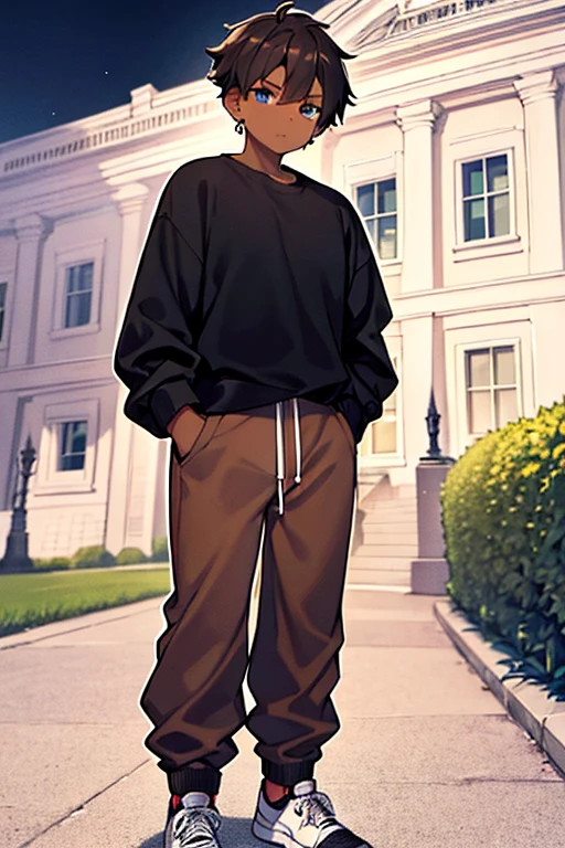 boy, brown sweatpants, black shirt, short messy brown hair, sneakers, in front of a huge white house at night, blue eyes, cross earring in one ear, standing looking at viewer, dark skin tone, tanned skin, cute