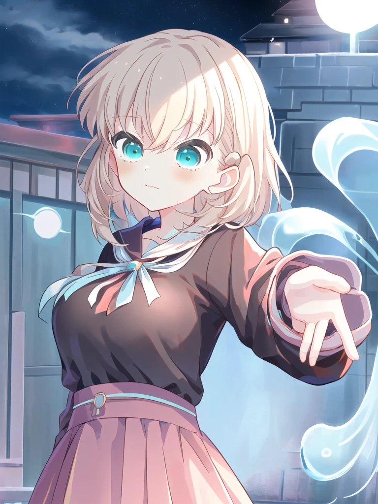 masterpiece, Alleys of the city at night, ((Blushing)), ((Obscene language)), Hearts in eyes, Upper Body, from the front, View Viewer, The center of the image, Focus on the chest and face, Big Breasts, Huge breasts, highest quality, Chisato Nishikiki、Platinum Blonde Hair、赤い目をしたAnime Girls,Bobcut,Cute girl anime visuals,Smooth animation、Anime Girls、high school girl、Plaid uniform、Long sleeve, Plaid Dresses,