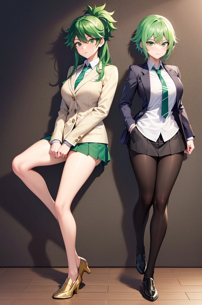 1girl, Izuku Midoriya as a girl, female Izuku Midoriya, genders aped Deku, Izuku Midoriya/Deku as a girl, gender swap, female Izuku Midoriya (anime: my hero academia) beautiful green hair, green hair, green eyes, beautiful green eyes, detailed green eyes, perfect eyes, nice figure, great body, good feminine figure, great curves, wearing: female UA High uniform, UA high uniform, grey blazer, tailored to perfection (fits her frame perfectly/gracefully while allowing freedom of movement), white blouse, pristine white blouse, green and black striped necktie, pleated green skirt, skirt, pleated green skirt, skirt falls above the knee, tights, loafers, dark brown loafers, 8k, highly detailed, perfect image, beautiful, photorealistic, high quality, exquisite detail