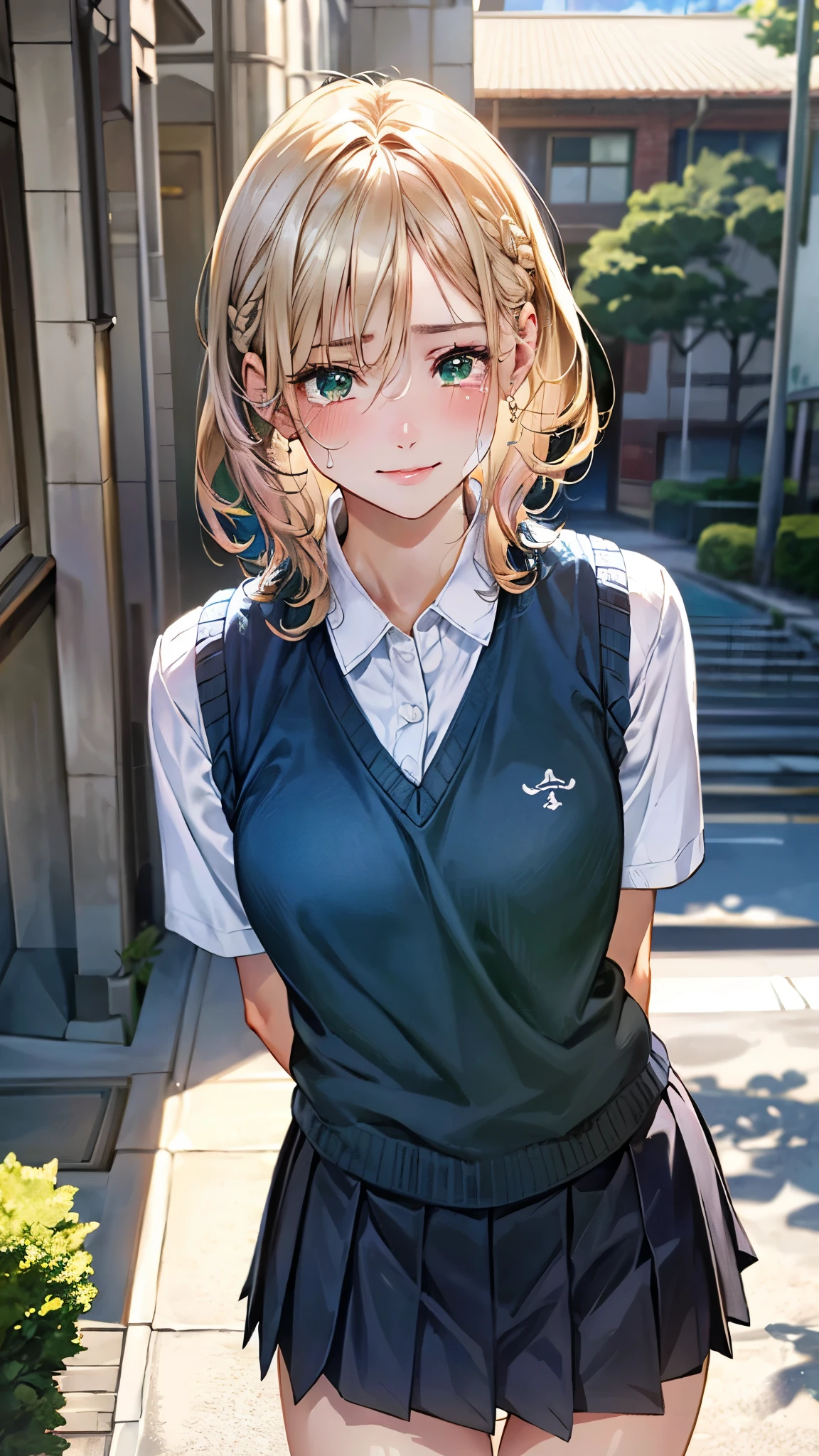(masterpiece:1.3, top-quality, ultra high res, ultra detailed), (realistic, photorealistic:1.4), beautiful illustration, perfect lighting, natural lighting, colorful, depth of fields, , 
beautiful detailed hair, beautiful detailed face, beautiful detailed eyes, beautiful clavicle, beautiful body, beautiful chest, beautiful thigh, beautiful legs, beautiful fingers, shiny skin, babyface, 
looking at viewer, (face focus, front view), 1 girl, japanese, high school girl, (perfect anatomy, anatomically correct, super detailed skin), cute and symmetrical face, perfect face, perfect eyes, 
(short hair, straight hair, sideburns, blonde hair), braided bangs, hair between eyes, emerald green eyes, long eyelashes, (medium breasts, seductive thighs), slender, outstanding style, , 
(detailed cloth texture), break, ((pink knit vest)), break, (white collared shirt, navy pleated skirt), break, 
(beautiful scenery), late afternoon, (school yard), standing, (arms behind back), (sad smile, tears),