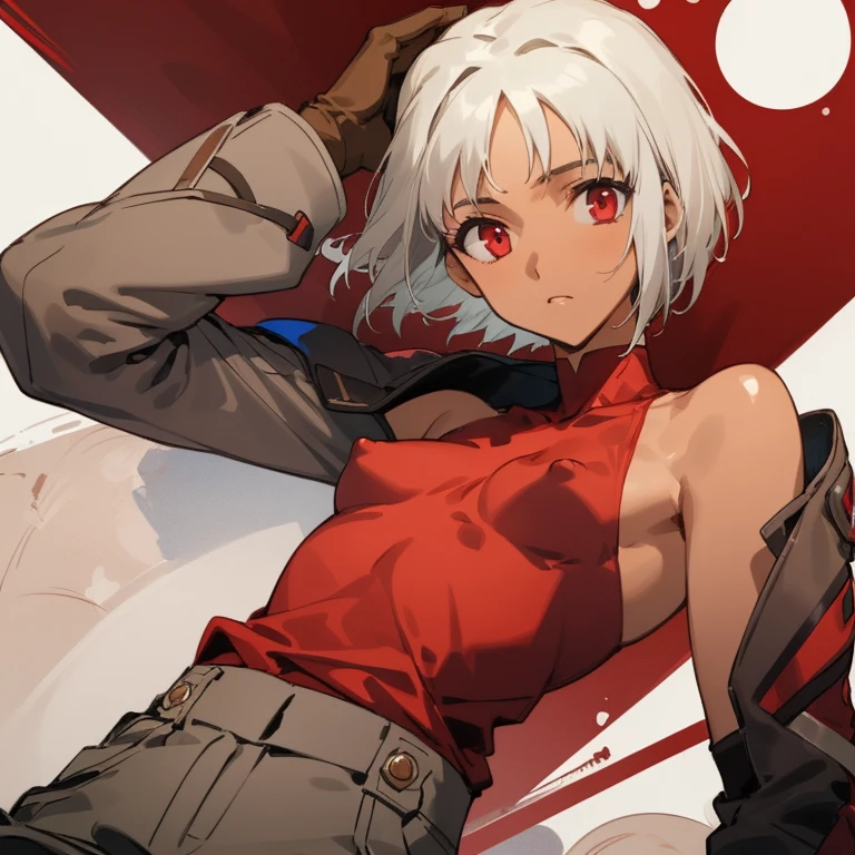 ((highest quality)), ((masterpiece)), (Familiar), Canaan, 1 girl, alone, Silver Hair,Brown Skin,Red eyes,Long trousers,Red sleeveless,Clothes with a visible back, thin,short hair,Small breasts, Erect nipples, gloves,Brown nipples