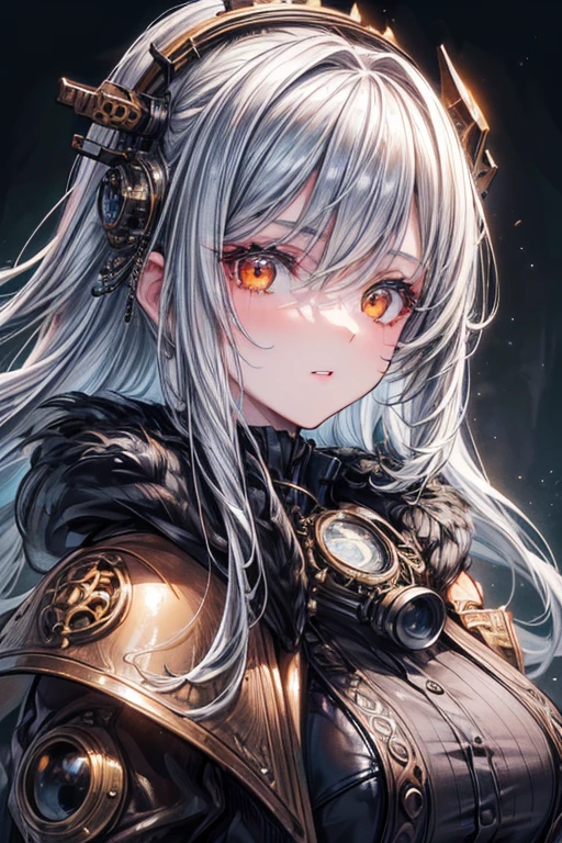 1girl, masterpiece, best quality, (4k, 8k, highres, extremely detailed:1.4), photorealistic, adult, hyper detailed, expressive detailed eyes, beautiful detailed lips, detailed face, silver hair, orange eyes, steampunk goggles on head, black gloves, steampunk coat, intricate details, cinematic lighting, dramatic lighting, warm color palette