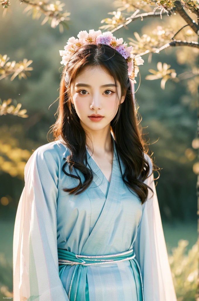 ( masterpiece, top quality, best quality,8k,years old girl,ultra detailed,raw photo:1.5),(photorealistic:1.4), (cinematic lighting), PerfectNwsjMajic, , Surrealism, UHD, ccurate, Super detail, textured skin, High detail, Best quality, dynamic angle, White skin,[Beautiful blue eyes], high nose,(1girl),(good anatomy:0.5)), Dreamy atmosphere,expressive brush strokes, mystical ambiance, Artistic interpretation, a whimsical illustration, Subtle colors and tones, mystical aura, Woman wearing traditional Korean costume,(hanbok:1.3), Joseon dynasty, jeogori,chima,and the po,portrait,(hairstyle1.5), flower,warm sun,face, tender ,shiny skin