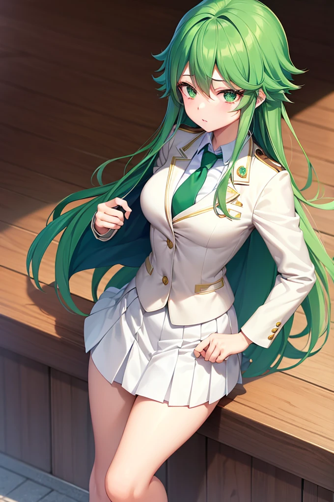 1girl, Izuku Midoriya as a girl, female Izuku Midoriya, genders aped Deku, Izuku Midoriya/Deku as a girl, gender swap, female Izuku Midoriya (anime: my hero academia) beautiful green hair, green hair, green eyes, beautiful green eyes, detailed green eyes, perfect eyes, nice figure, great body, good feminine figure, great curves, wearing: female UA High uniform, UA high uniform, grey blazer, tailored to perfection (fits her frame perfectly/gracefully while allowing freedom of movement), white blouse, pristine white blouse, green and black striped necktie, pleated green skirt, skirt, pleated green skirt, skirt falls above the knee, tights, loafers, dark brown loafers, 8k, highly detailed, perfect image, beautiful, photorealistic, high quality, exquisite detail