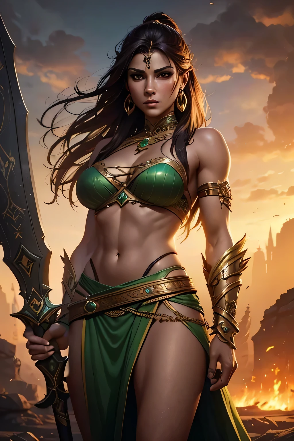 Sculpted warrior, exposed upper torso, legs bared from thighs to feet, flowing long curls, intricate muscular details, photorealistic depiction, 4K resolution. Background: Ancient temple ruins in a lush jungle,32k uhd, best quality, masterpiece, super detail, high details