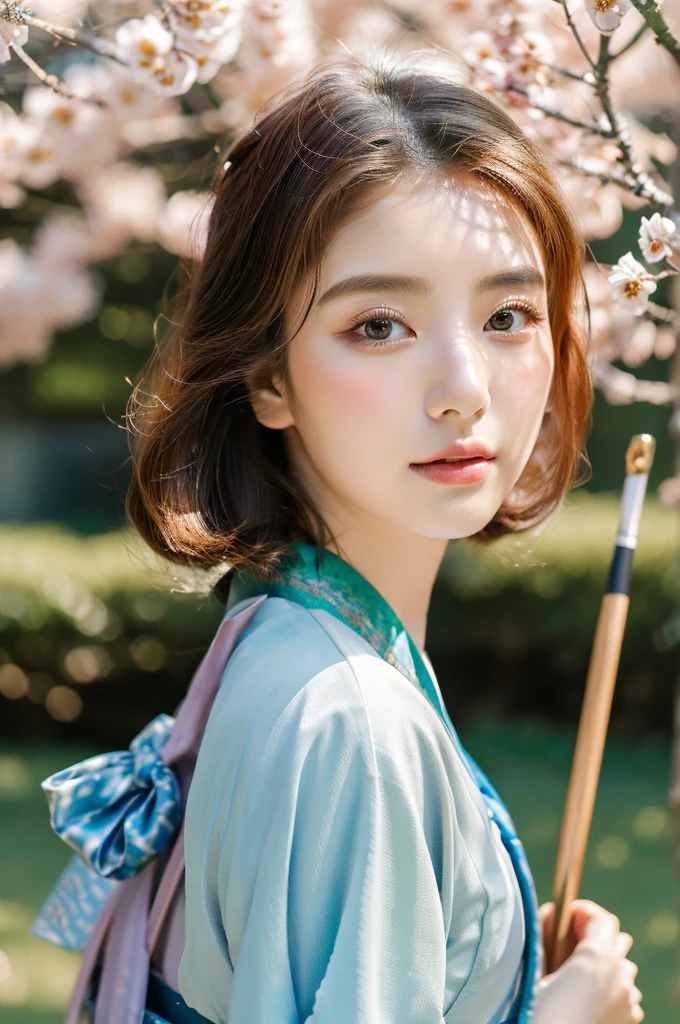 ( masterpiece, top quality, best quality,8k,years old girl,ultra detailed,raw photo:1.5),(photorealistic:1.4), (cinematic lighting), PerfectNwsjMajic, , Surrealism, UHD, ccurate, Super detail, textured skin, High detail, Best quality, dynamic angle, White skin,[Beautiful blue eyes], high nose,(1girl),(good anatomy:0.5)), Dreamy atmosphere,expressive brush strokes, mystical ambiance, Artistic interpretation, a whimsical illustration, Subtle colors and tones, mystical aura, Woman wearing traditional Korean costume,(hanbok:1.3), Joseon dynasty, jeogori,chima,and the po,portrait,(hairstyle1.5), flower,warm sun,face, tender ,shiny skin