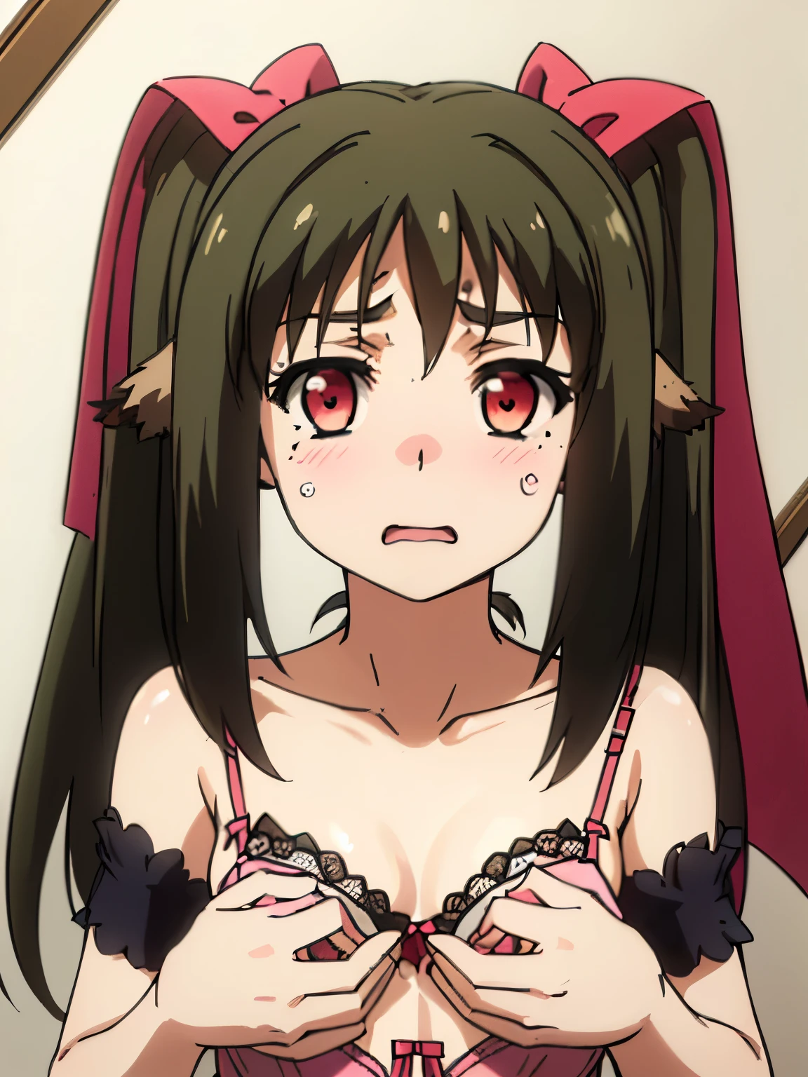 NSFW,1 girl,Nekone、Long Hair、Brown Hair、(Red Eye:1.3)、ribbon、Animal Ears、Twin tails、ヘアribbon、Mole、目の下のMole,(High-quality lingerie:1.5),(Perfect hands),(Perfect Anatomy),(masterpiece),(highest quality),Embarrassed,blush,(Sexually aroused face:1.5),Flag shed,Leg spread