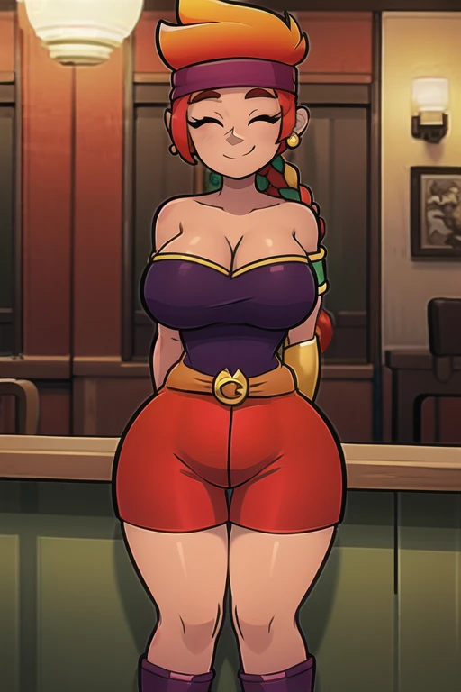 (masterpiece, best quality, hires, high resolution:1.1), (intricate details, highres), 1girl, solo, amberBS, closed eyes, orange hair, headband, smile, single braid, dark-skinned female, earrings, red towel, cleavage, bare shoulders, bracer, armband, armlet, belt, purple boots, arms behind back, gigantic breasts, wide hips, in bar