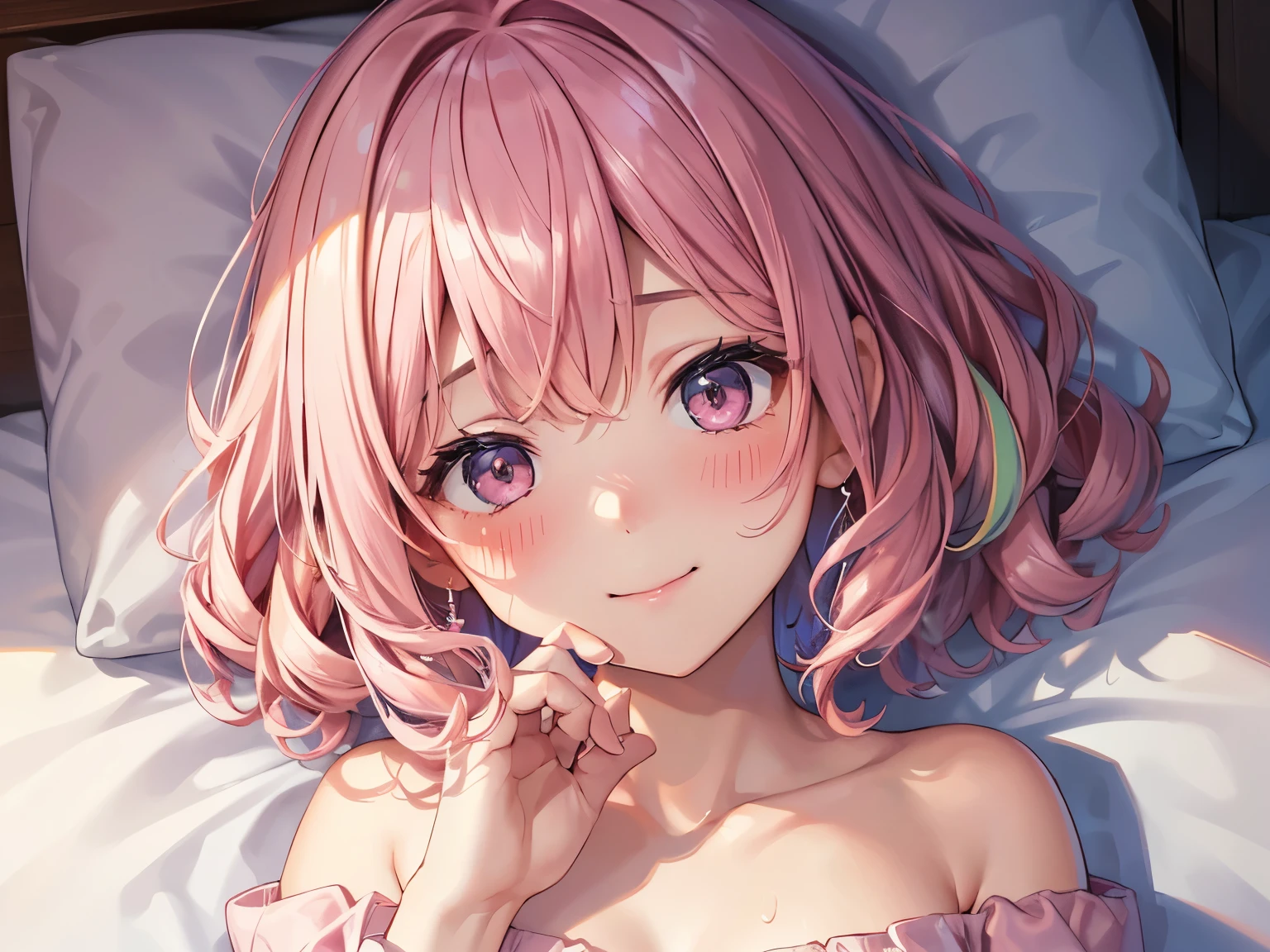 (One transcendent beautiful girl)、ultra-detailed、(8k, RAW photo, best quality, masterpiece:1.2), (extremely detailed 8k wallpaper),professional lighting,sharp focus, depth of field、(((Detailed and accurate face))),(head shot,From above)、fws,((Pink fluffy short bob、Rainbow colored curly hair、Curly hair))、Flower Hair Ornaments、shoulder、Lightweight cardigan、Flare One Piece、Strapless、Off the shoulder、Resort hotels、In bed、Sweat、Steam around the mouth、blush、Embarrassed、Smile lightly