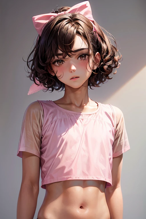 portrait of an 18 year old boy, short curly brown hair, brown eyes, white skin, delicate face, thin and delicate body, dressed in a pink crop top and a pink bow on his head