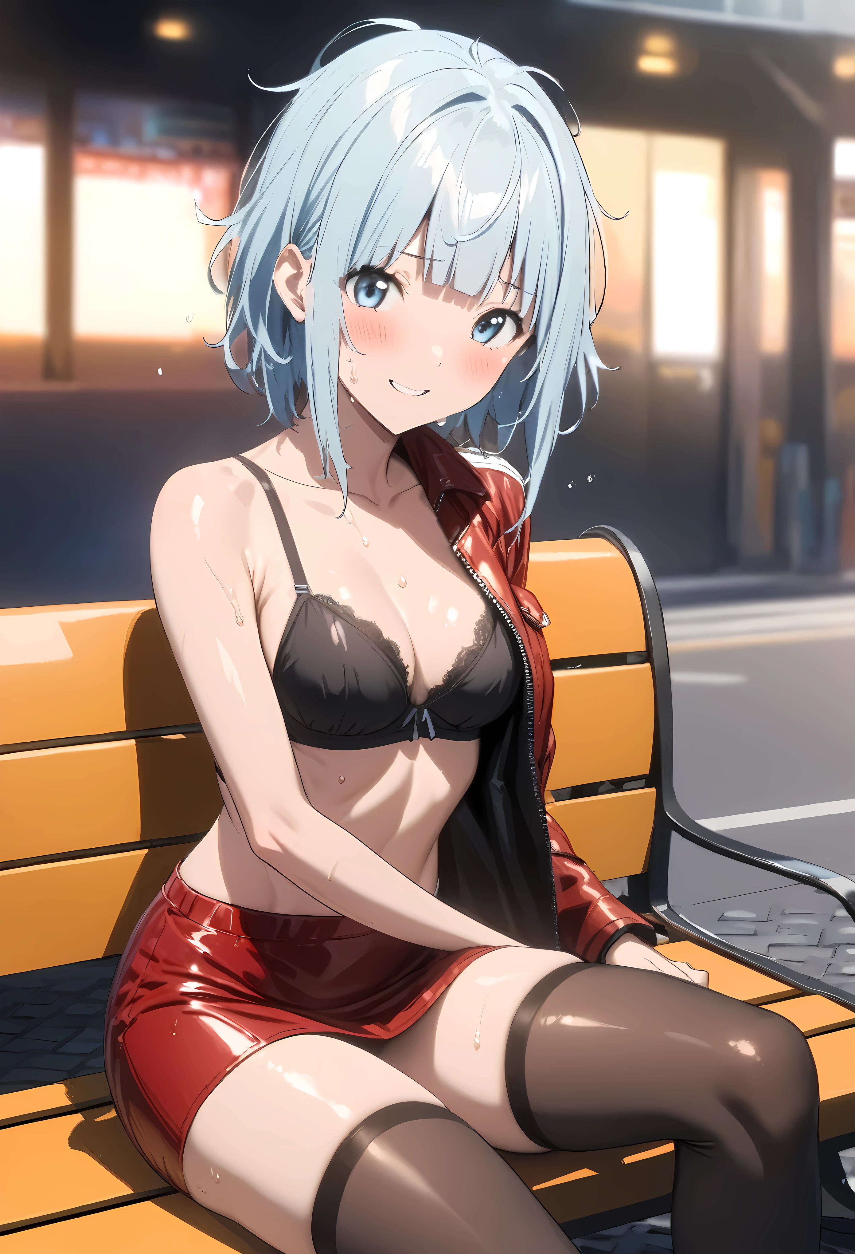 Action Sceneasterpiece, highest quality:1.2)),cowboy shot,1woman,20 year old beauty,solo,((very small head)),short hair,messy hair,light blue hair,blue eyes,blunt,((very long and slender body)),toned body,skinny,medium breasts,shiny skin,oily skin sweat,,blush,smile,Red leather jacket removed、 Red tight mini skirt、black tube top bra、black_thighhighs,Wipe away sweat、sitting,bench,Big cities、Cyberpunk World、