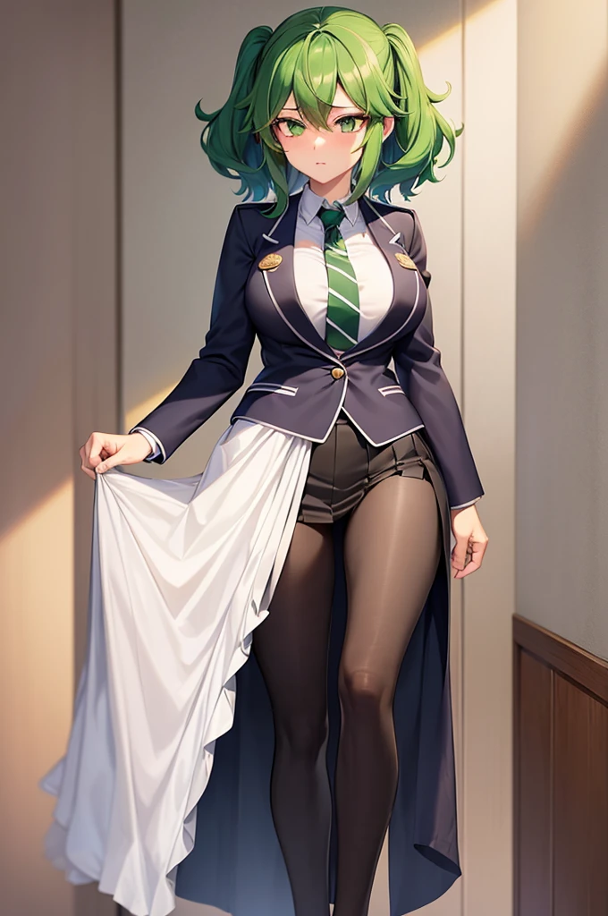 1girl, Izuku Midoriya as a girl, female Izuku Midoriya, genders aped Deku, Izuku Midoriya/Deku as a girl, gender swap, female Izuku Midoriya (anime: my hero academia) beautiful green hair, green hair, green eyes, beautiful green eyes, detailed green eyes, perfect eyes, nice figure, great body, good feminine figure, great curves, wearing: female UA High uniform, UA high uniform, grey blazer, tailored to perfection (fits her frame perfectly/gracefully while allowing freedom of movement), white blouse, pristine white blouse, green and black striped necktie, pleated green skirt, skirt, pleated green skirt, skirt falls above the knee, tights, loafers, dark brown loafers, 8k, highly detailed, perfect image, beautiful, photorealistic, high quality, exquisite detail
