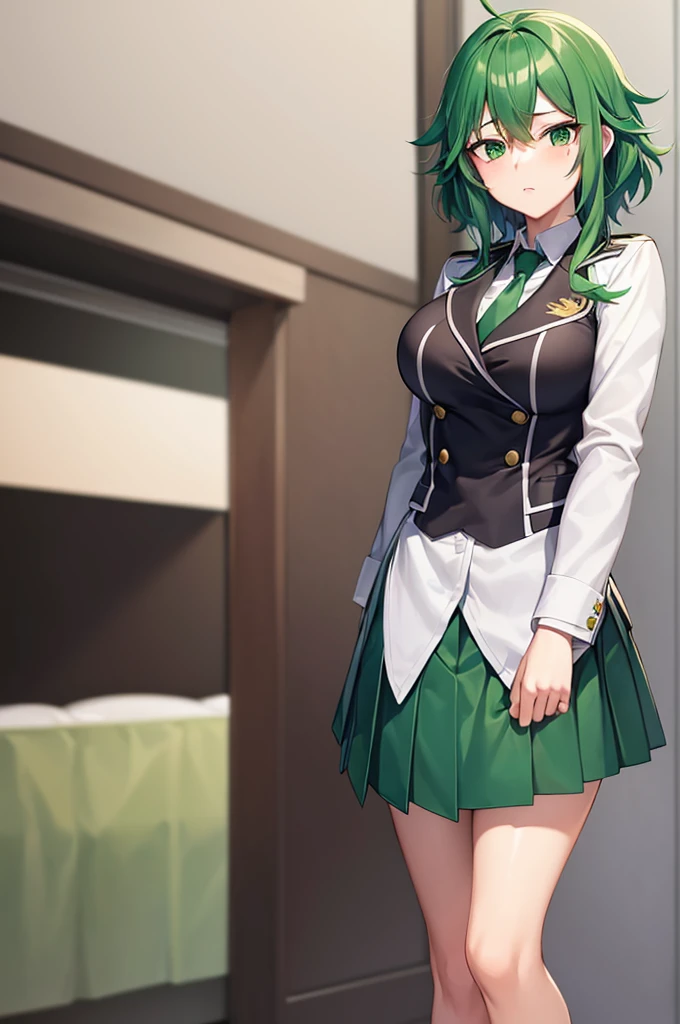 1girl, Izuku Midoriya as a girl, female Izuku Midoriya, genders aped Deku, Izuku Midoriya/Deku as a girl, gender swap, female Izuku Midoriya (anime: my hero academia) beautiful green hair, green hair, green eyes, beautiful green eyes, detailed green eyes, perfect eyes, nice figure, great body, good feminine figure, great curves, wearing: female UA High uniform, UA high uniform, grey blazer, tailored to perfection (fits her frame perfectly/gracefully while allowing freedom of movement), white blouse, pristine white blouse, green and black striped necktie, pleated green skirt, skirt, pleated green skirt, skirt falls above the knee, tights, loafers, dark brown loafers, 8k, highly detailed, perfect image, beautiful, photorealistic, high quality, exquisite detail